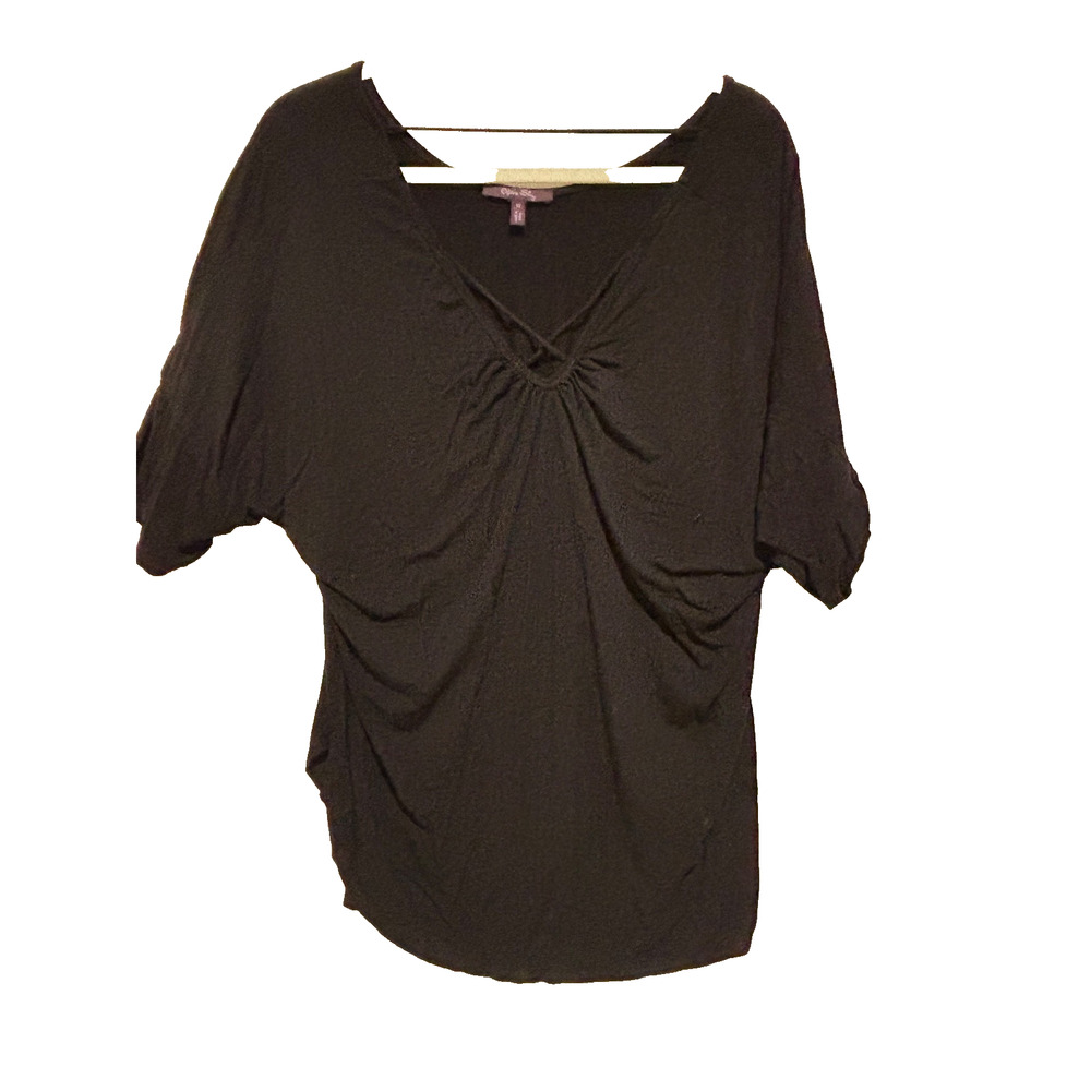 Olivia SKy Black 1X Plus V neck ruched Top Rayon Spandex Capsule Career Grunge